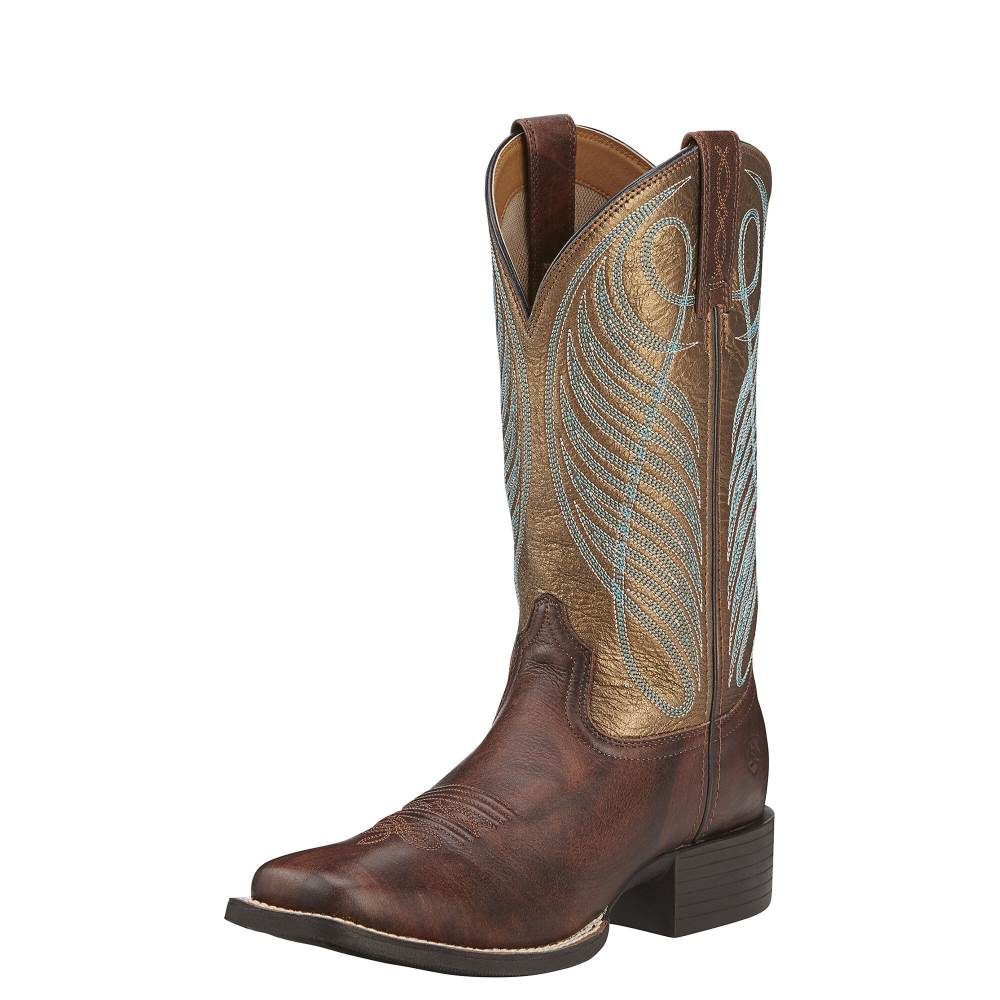 Ariat Round Up Wide Square Toe Western Boot - YUKON BROWN - Click Image to Close