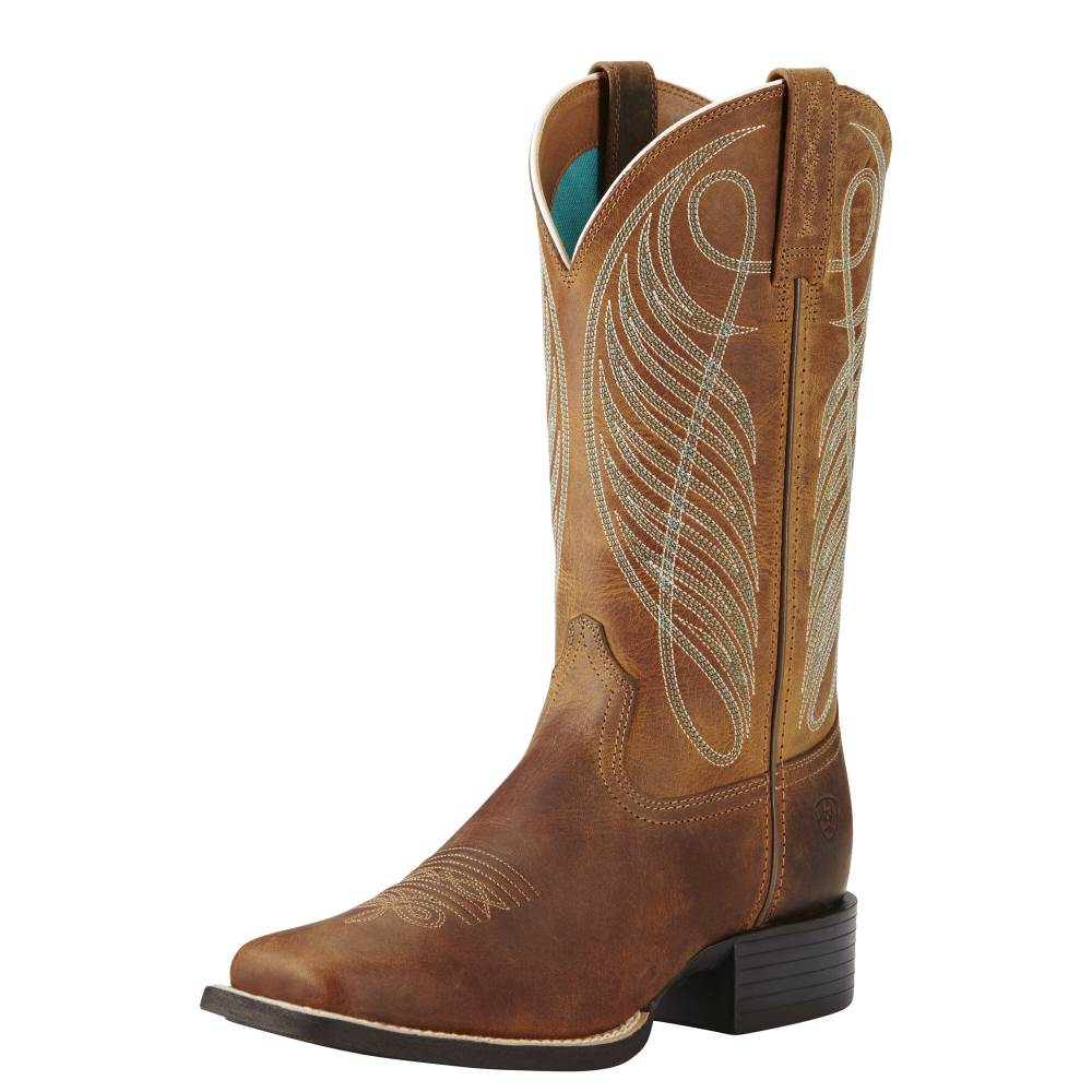 Ariat Round Up Wide Square Toe Western Boot - POWDER BROWN